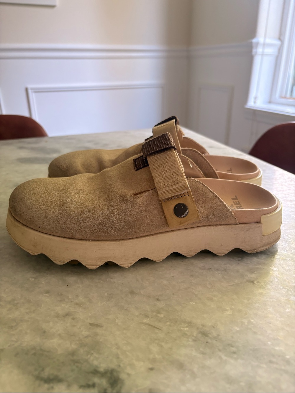 Sorel Women’s Tan Suede Clogs with Adjustable Strap